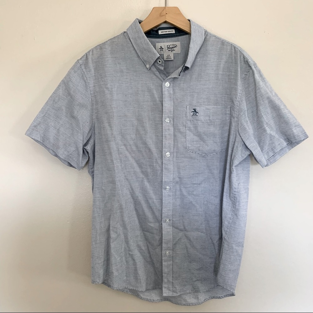 Original Penguin Striped Short-sleeve Button Down Size Large EUC.